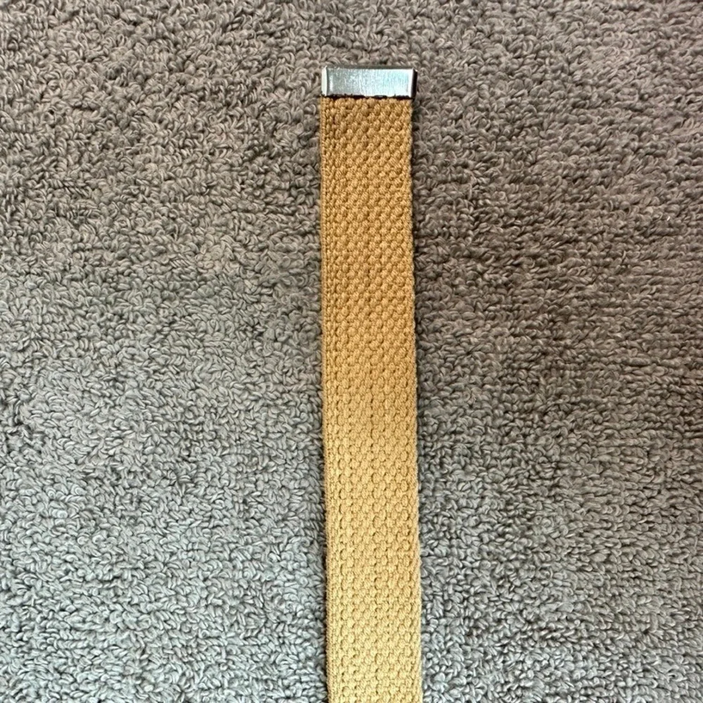 Tan Khaki Canvas Web Belt Silver Flip Top Buckle Military Style Adjustable 37in